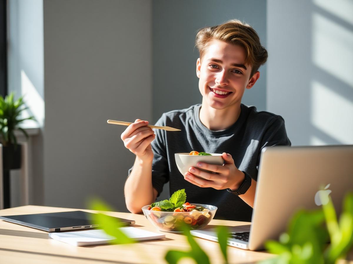 Young professional eating a healthy lunch bowl at a desk